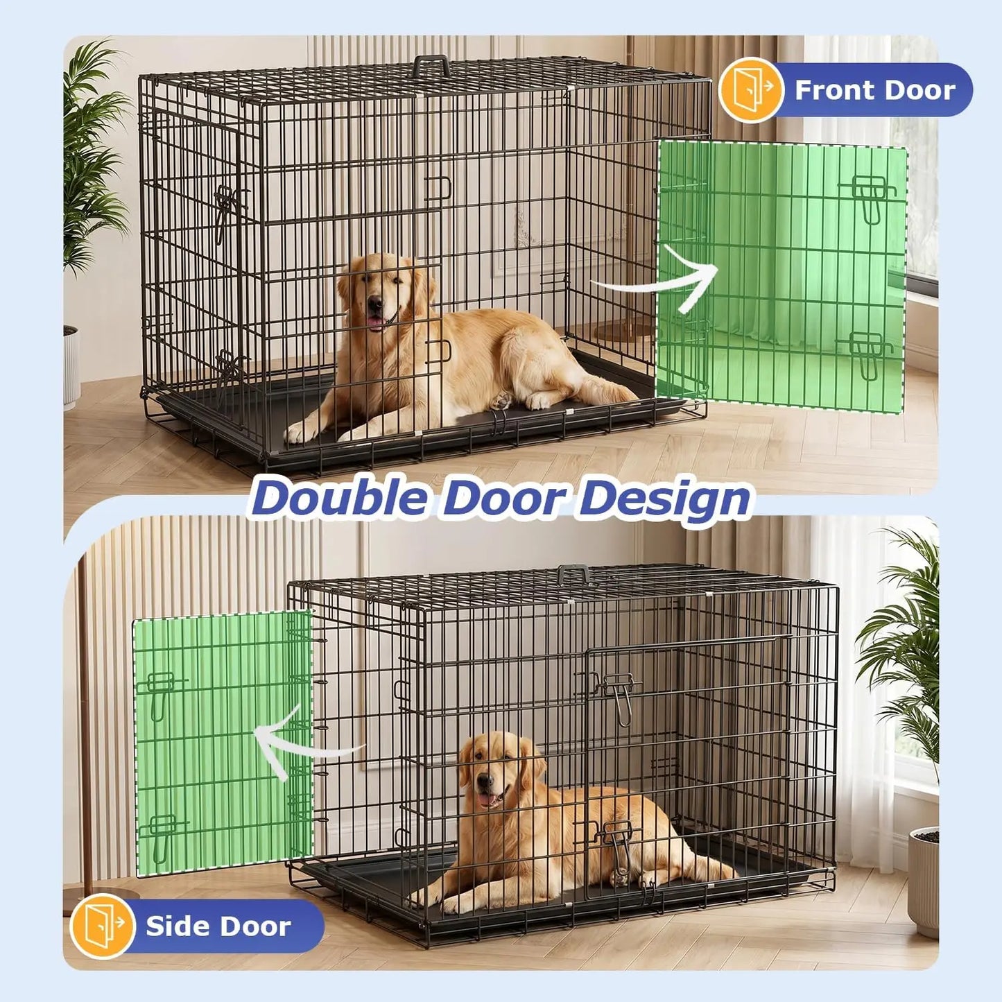 Extra Large Dog Crate 48 inch Folding Metal Wire Kennel with Double Door & Removable Tray for Large Dogs Black