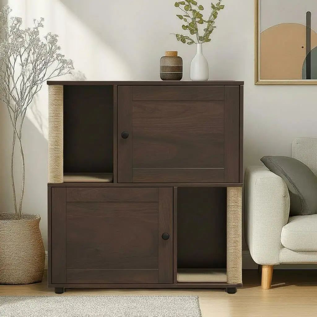 HiMISS Cat Litter Box Enclosure With Double Layer Cabinet And Sisal Post