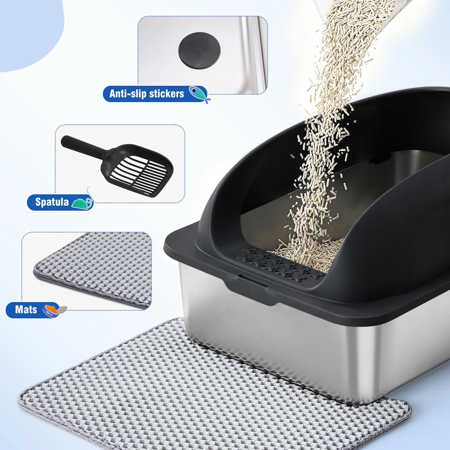 Stainless Steel Cat Litter Box With Lid And Mat