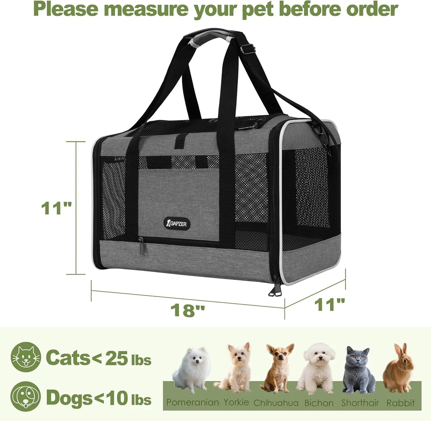 Soft Pet Carrier Bag 18x11x11 Top Load Travel Crate for Cats Dogs Puppies Under 25 lbs with Escape-Proof Zippers