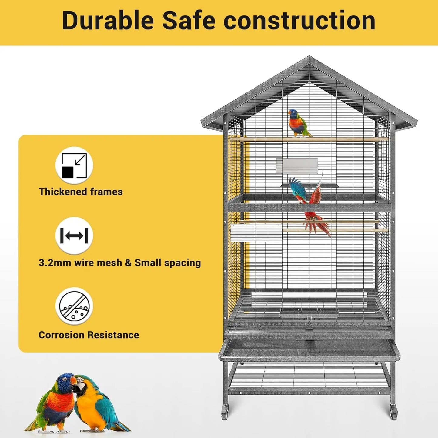 HiMISS Steel Parrot Cage With Casters Removable Tray And Feeders