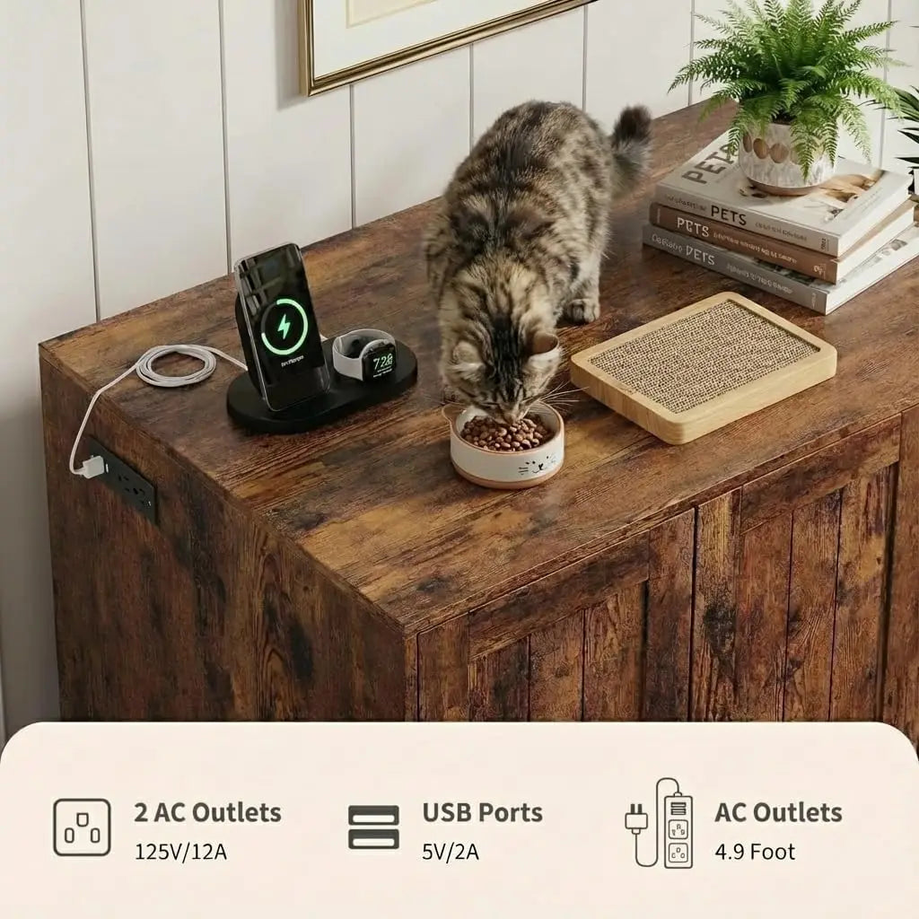 HiMISS Litter Box Enclosure Cabinet With Built In Power Outlet