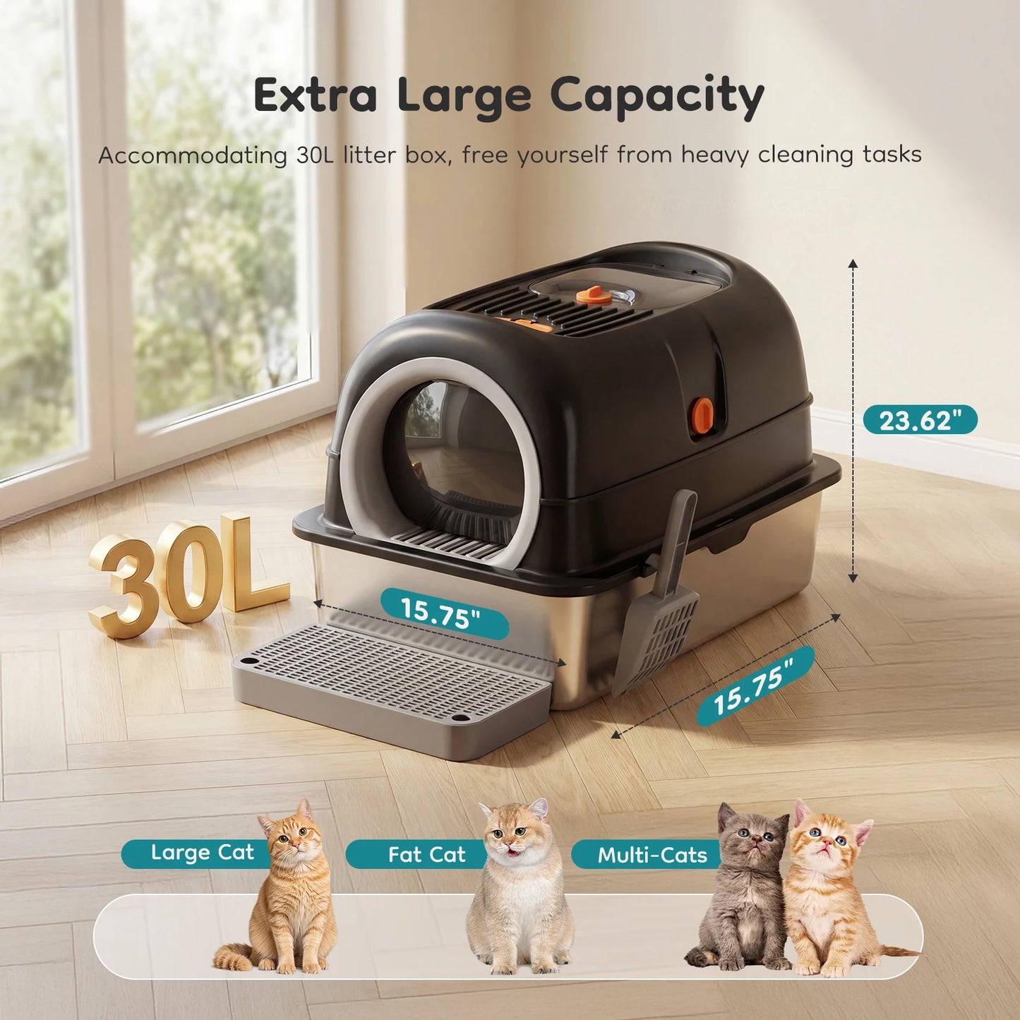 Stainless Steel Cat Litter Box Enclosed With Scoop And Mat