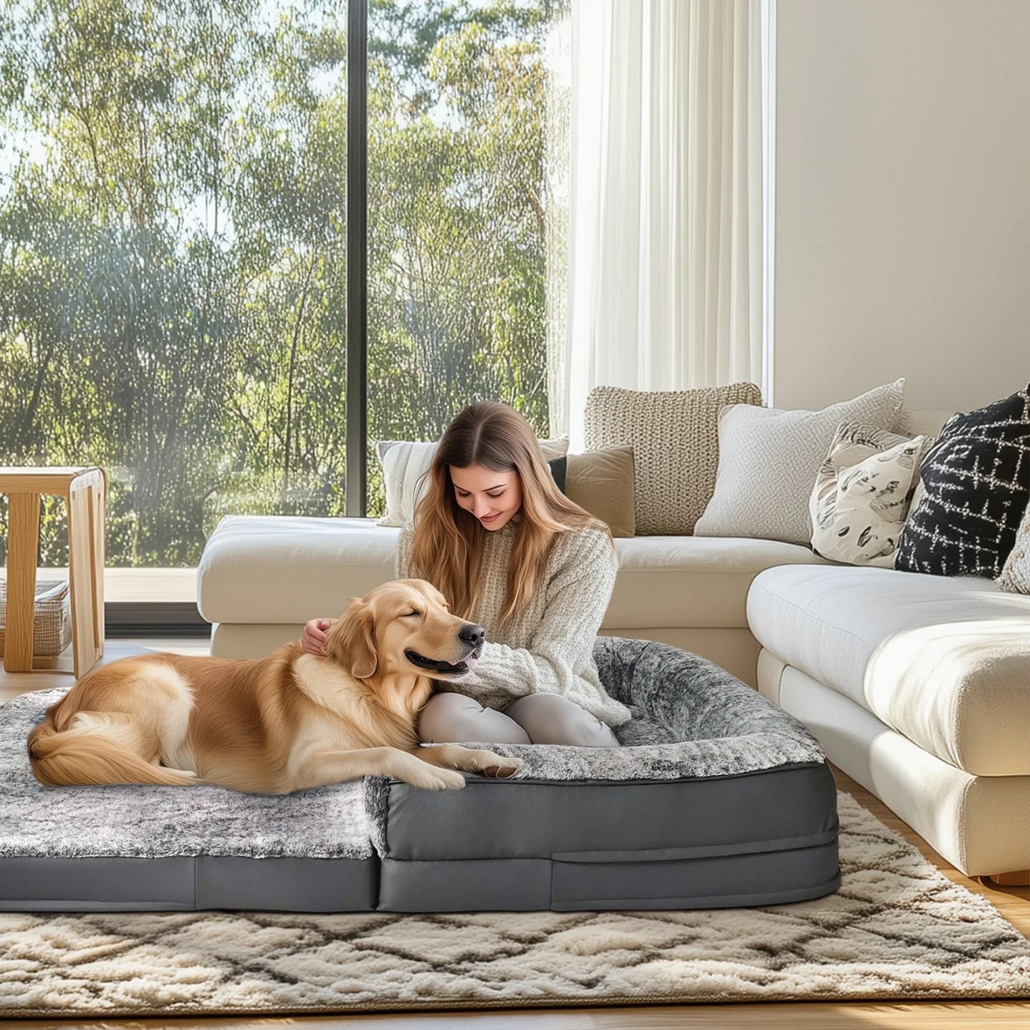BINGOPAW Orthopedic Foldable Dog Bed With Plush Cushion And Bolster