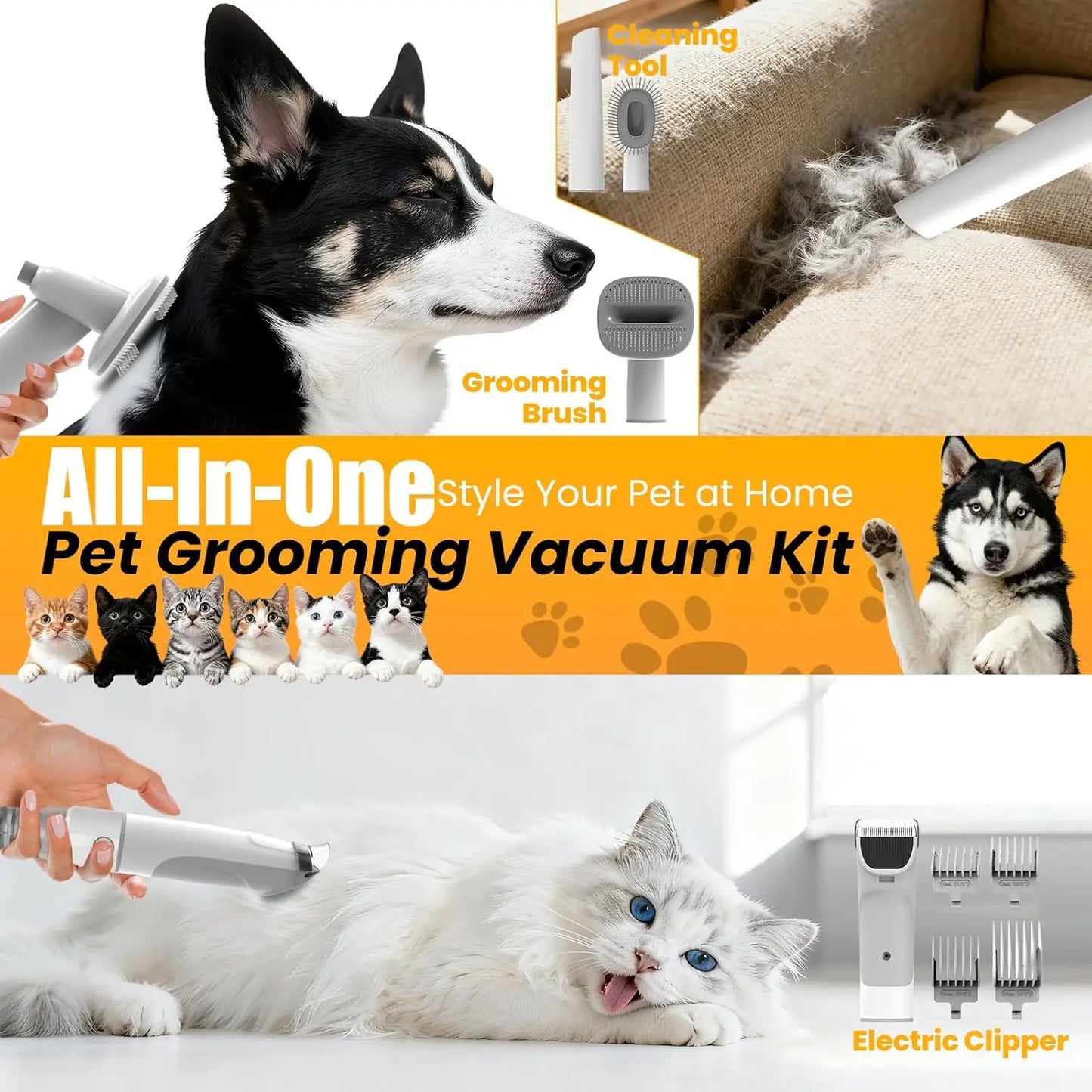 Pet Grooming Vacuum With Hair Clipper And Shedding Brush