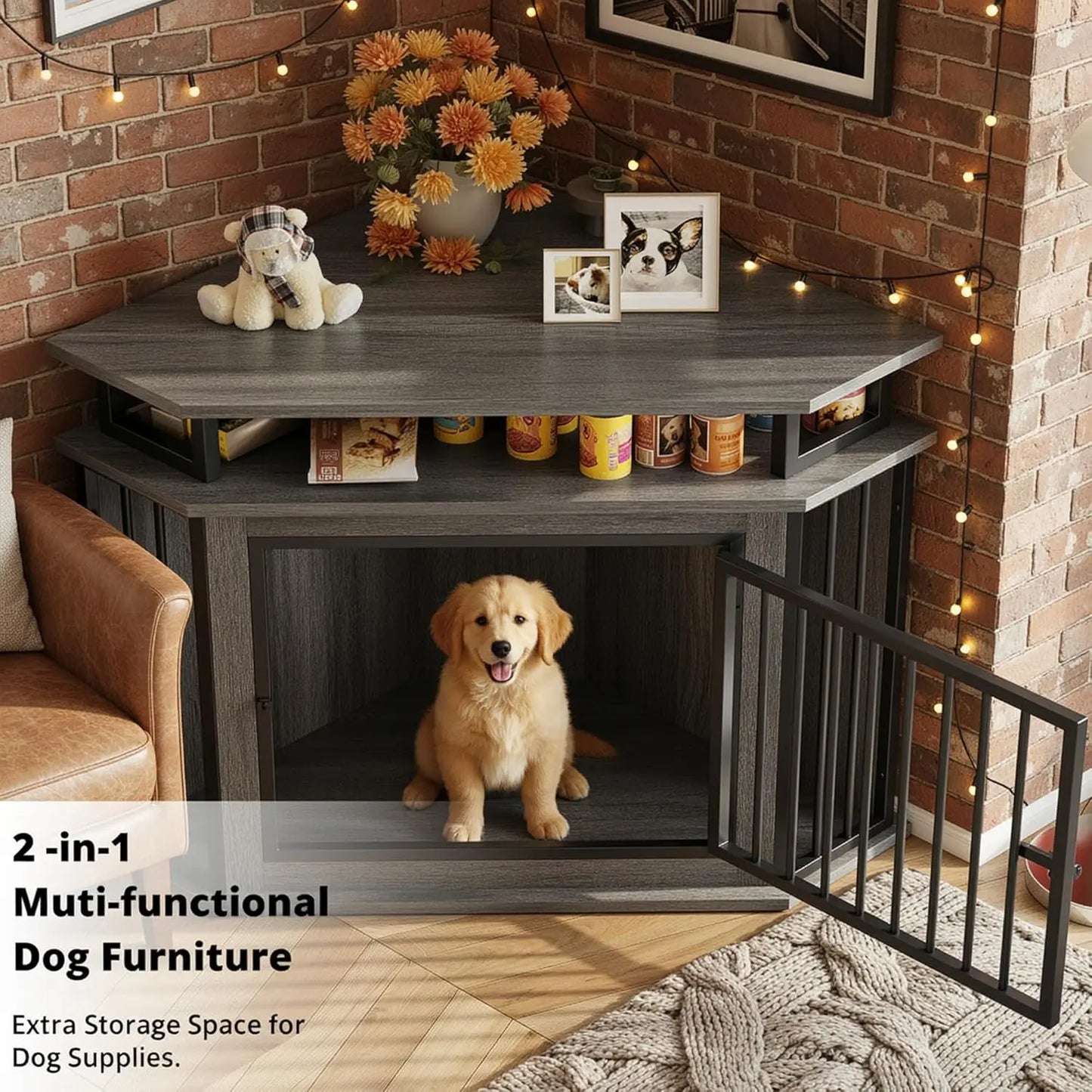 Corner Dog Crate With Two Tier Shelves Wood Kennel Enclosure