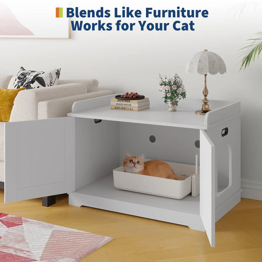HiMISS Wooden Cat Litter Box Enclosure With Barn Door Ventilated