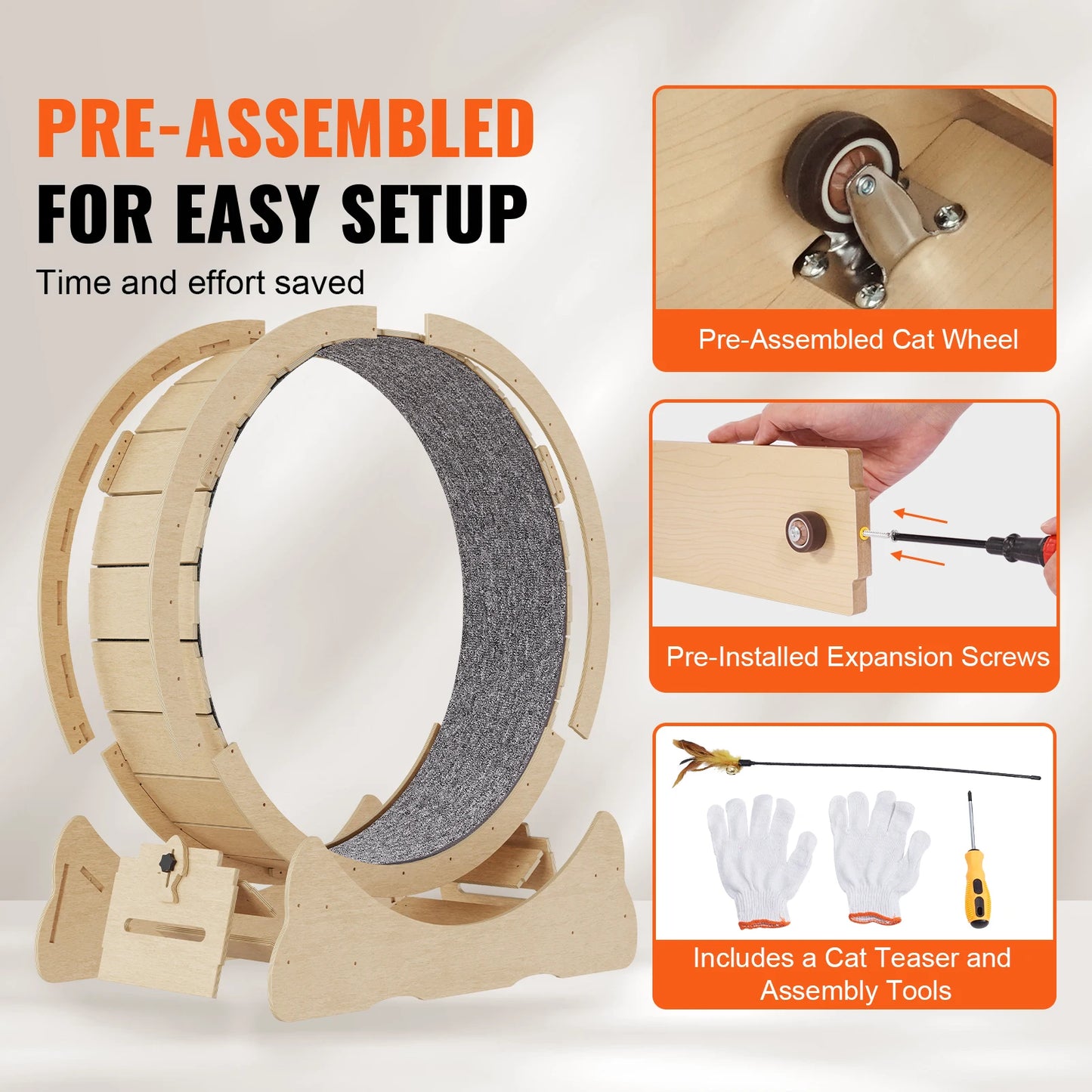 SucceBuy Wooden Cat Exercise Wheel Indoor Running Wheel With Detachable Carpet