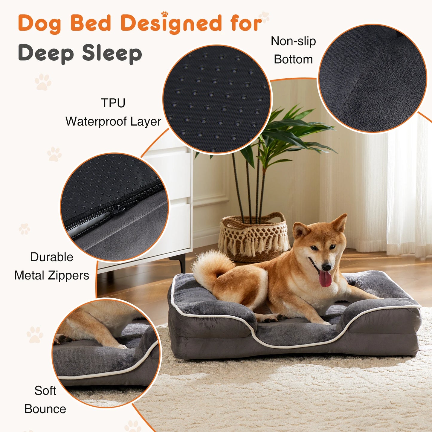 JHK Orthopedic Memory Foam Dog Bed With Removable Cover And Non Slip Base