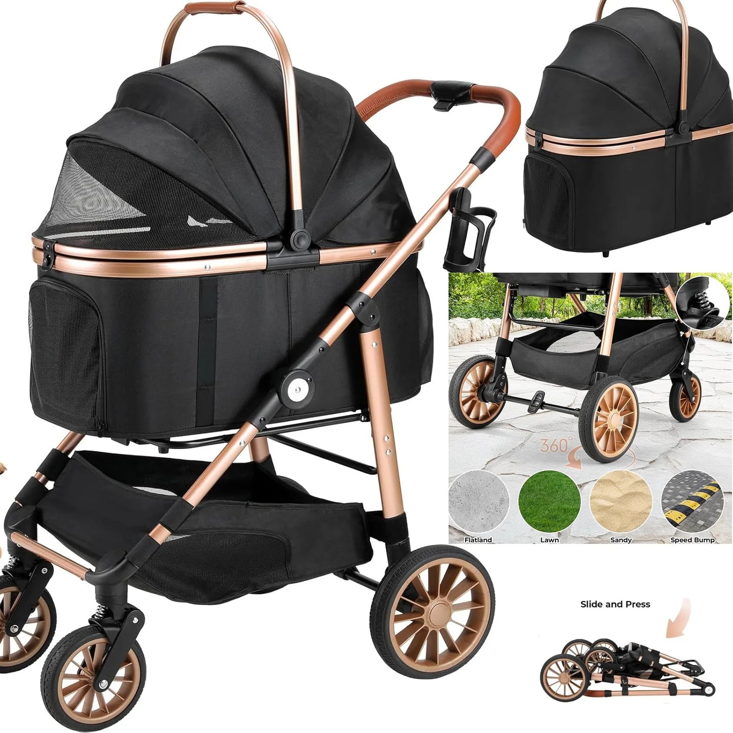 360 Degree Foldable Pet Stroller for Cats and Dogs