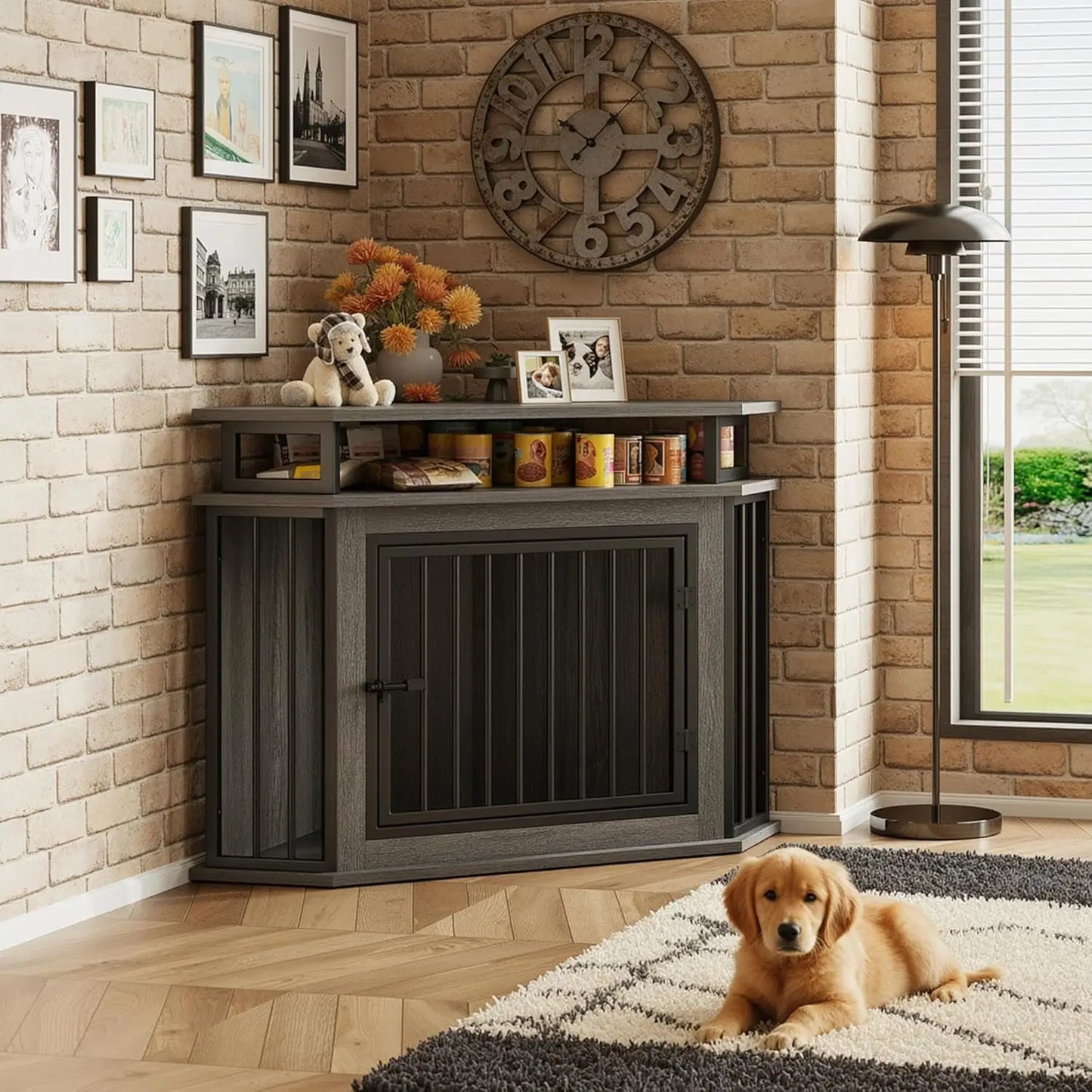 Corner Dog Crate With Two Tier Shelves Wood Kennel Enclosure