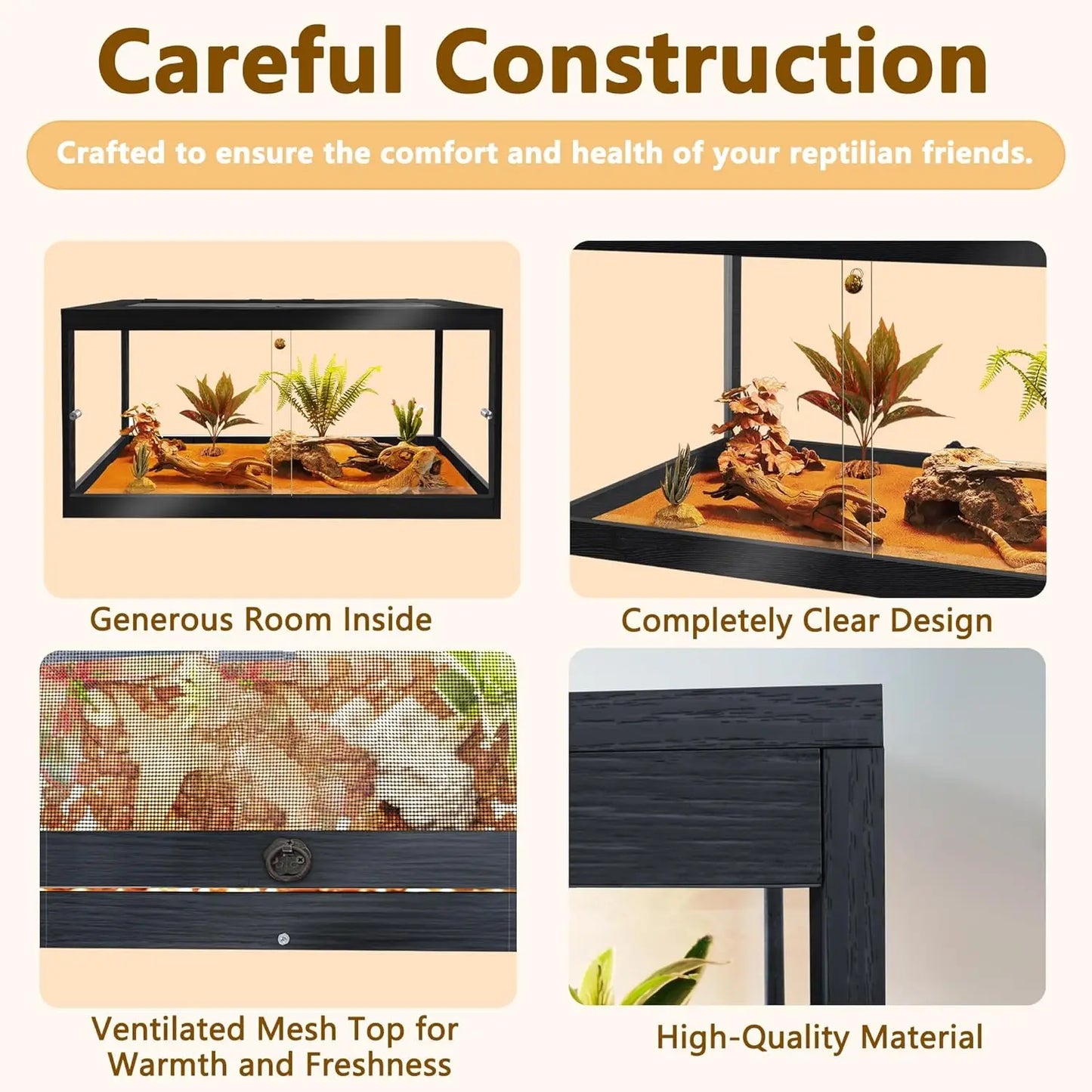 Reptile Tank Enclosure With Mesh Roof And Sliding Door