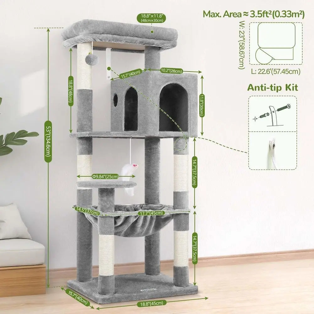 Cat Tree Tower With Scratching Post And Plush Hammock