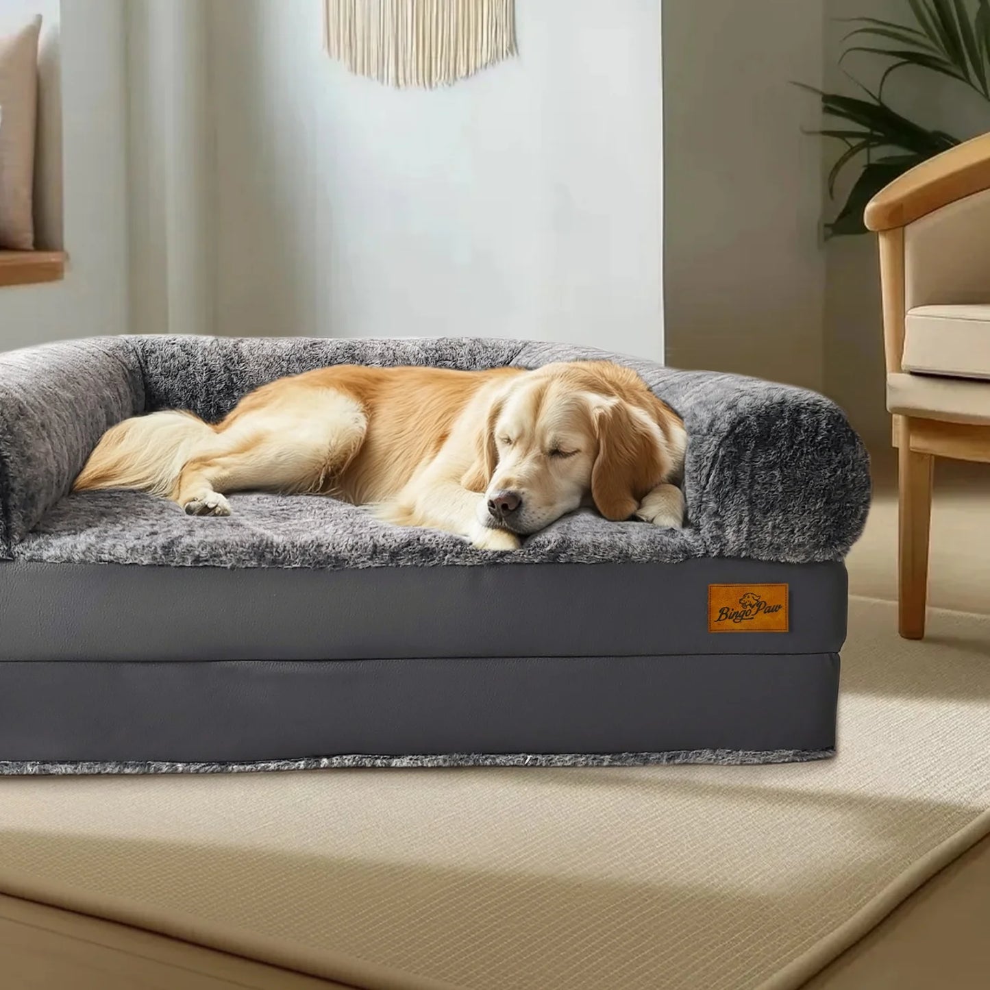 BINGOPAW Orthopedic Foldable Dog Bed With Plush Cushion And Bolster