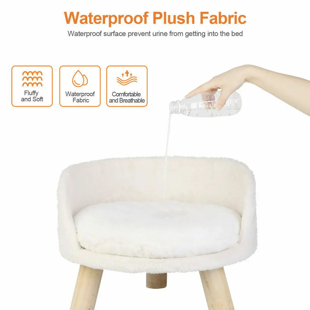Soft Plush Cat Bed With Cushion Washable Wood Leg Design