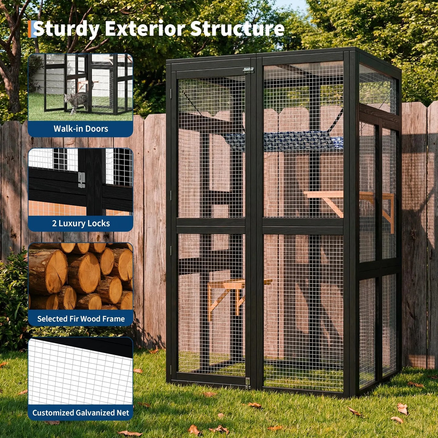 HiMISS Wooden Catio Outdoor Cat Enclosure With Wheels 3 Platforms