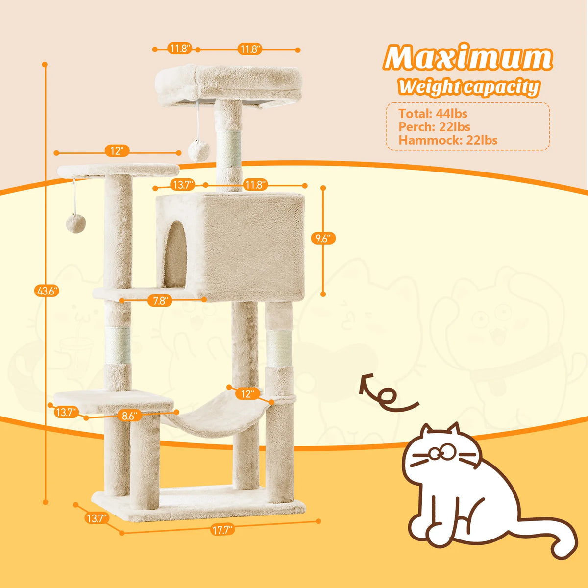 MCQ 44IN Cat Tree Tower Cat Climbing Tower with Natural Sisal Scratching Posts Pet Condo for Indoor Cats and Kittens Play