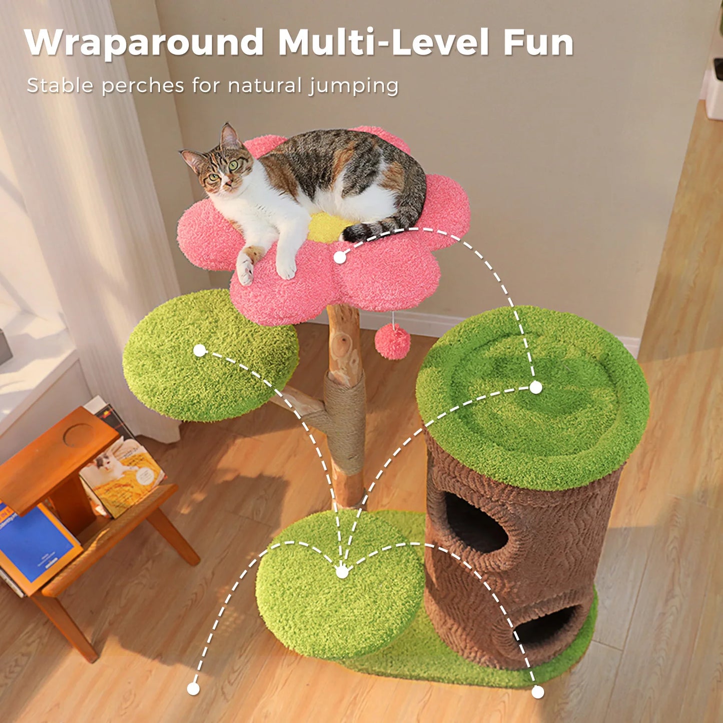 Cat Tree Tower With 4 Condos, Scratching Post, Flower Top Bed