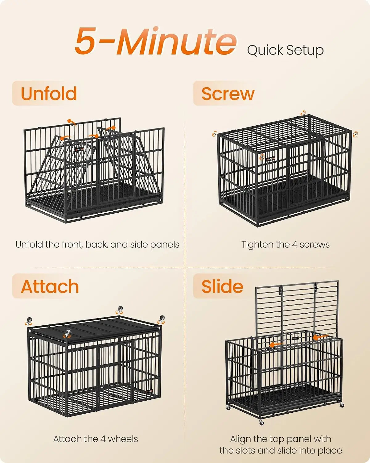 Heavy Duty Dog Crate, 5-Min Quick Assembly Foldable Kennel with Lockable Wheels, Double Doors, Escape Proof Bottom, Removable