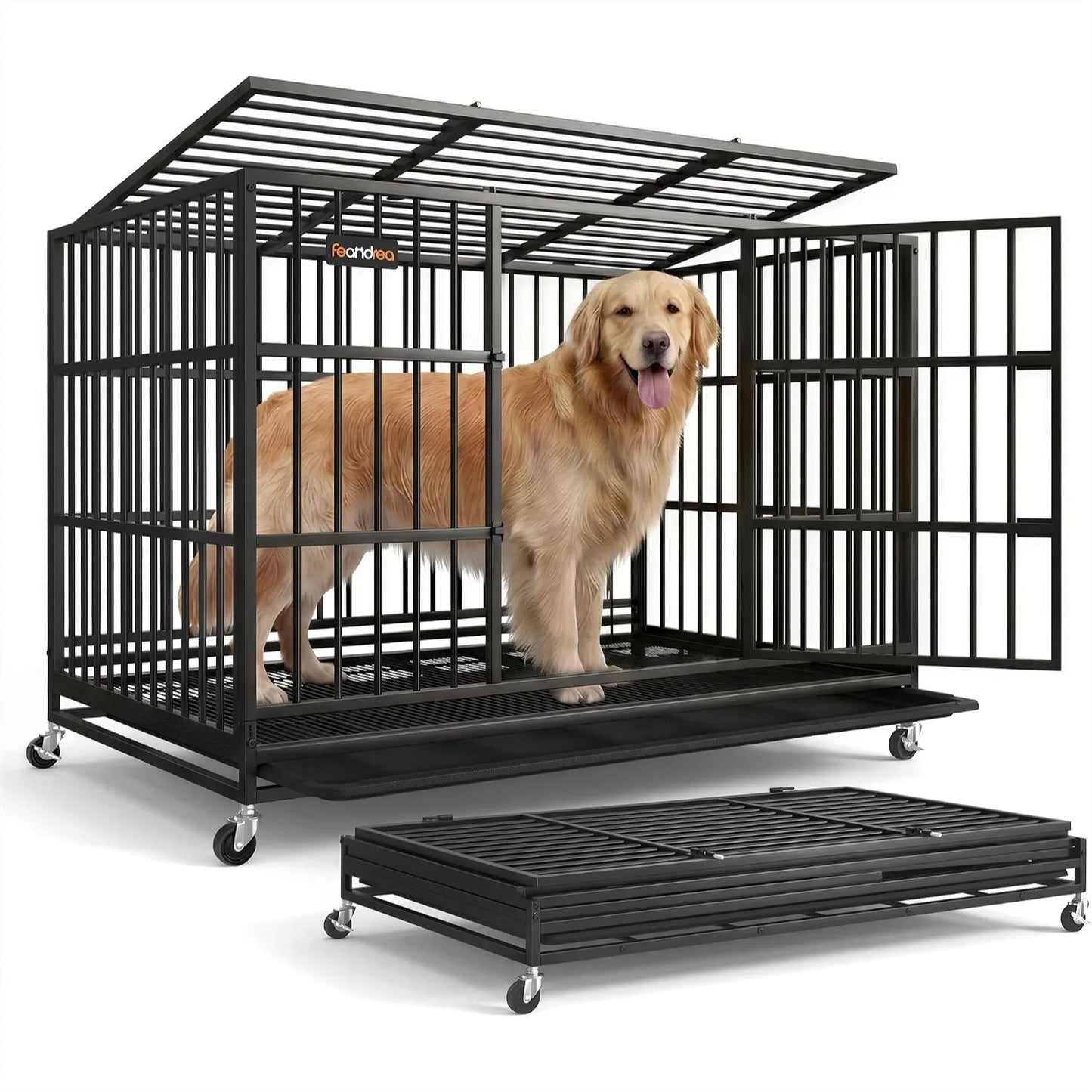 Heavy Duty Dog Crate, 5-Min Quick Assembly Foldable Kennel with Lockable Wheels, Double Doors, Escape Proof Bottom, Removable