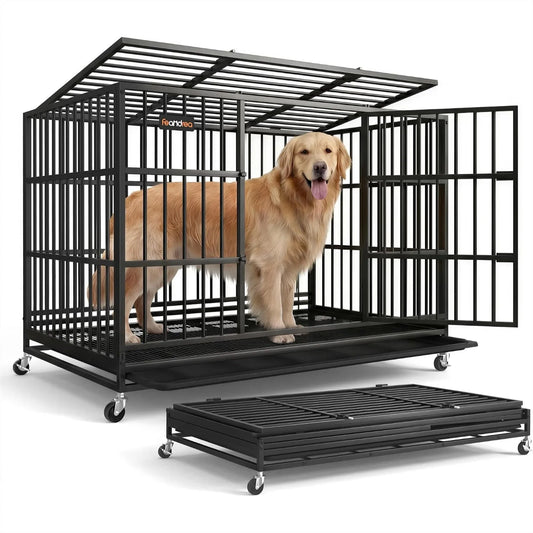 Heavy Duty Dog Crate, 5-Min Quick Assembly Foldable Kennel with Lockable Wheels, Double Doors, Escape Proof Bottom, Removable
