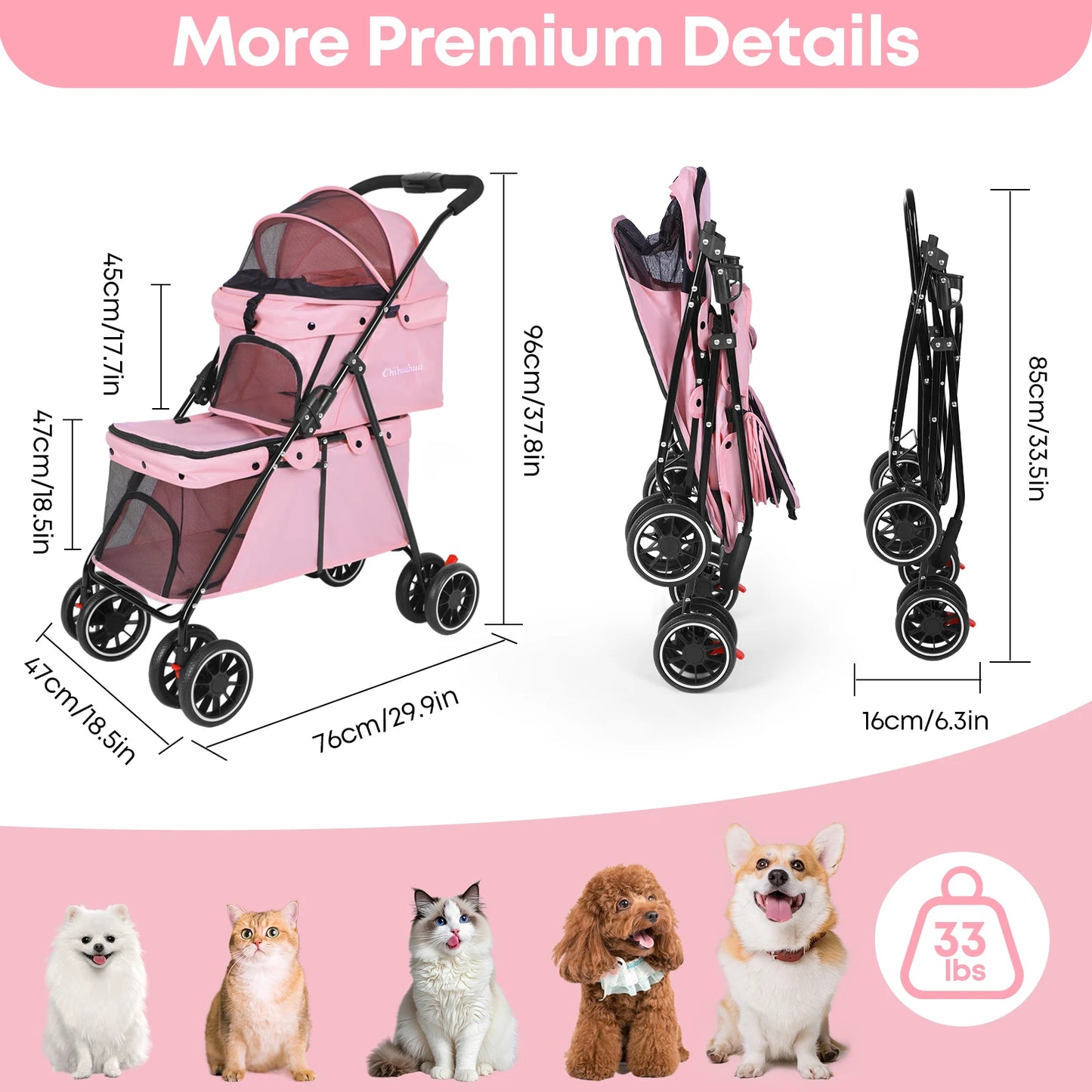 Chihuahua Double Pet Stroller For Dogs And Cats Foldable