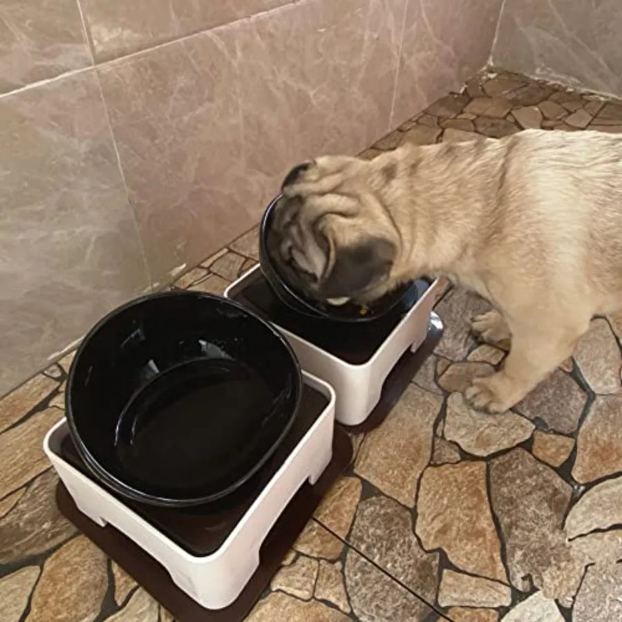 Ceramic Bulldog Dog Feeding - Dog Dish Wide Mouth Pet Sterile Tilted Pet Feeder with Anti-Skid Rubber Mat for Small Medium Dogs