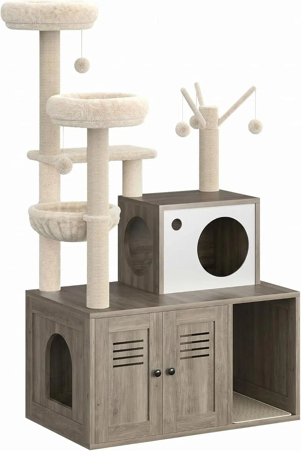 Cat Litter Cabinet with Cat Tree, 1 Piece 12MM Particle Board + 400G Plush, 140 cm High, Multifunctional Pet Furniture, Indoor Cat Accessories, Hidden Cat Litter Box Enclosure