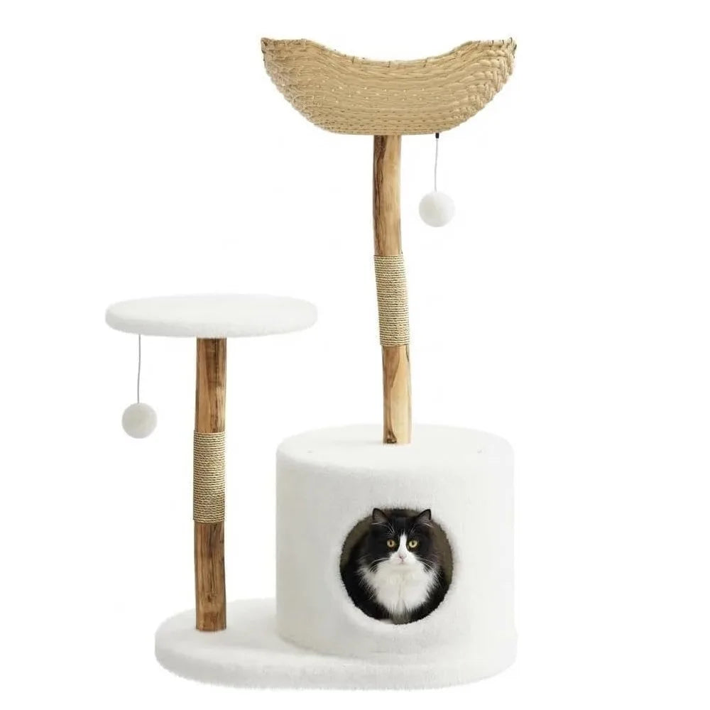 Wooden Cat Tree Tower With Rattan Perches For Indoor Cats