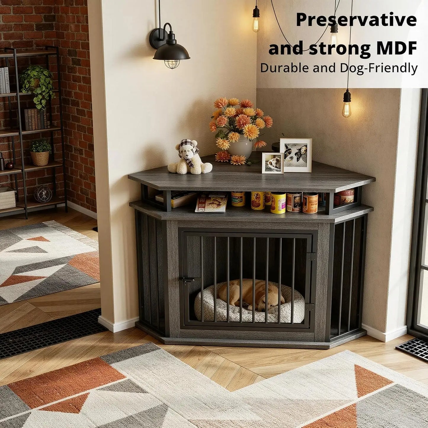 Corner Dog Crate With Two Tier Shelves Wood Kennel Enclosure