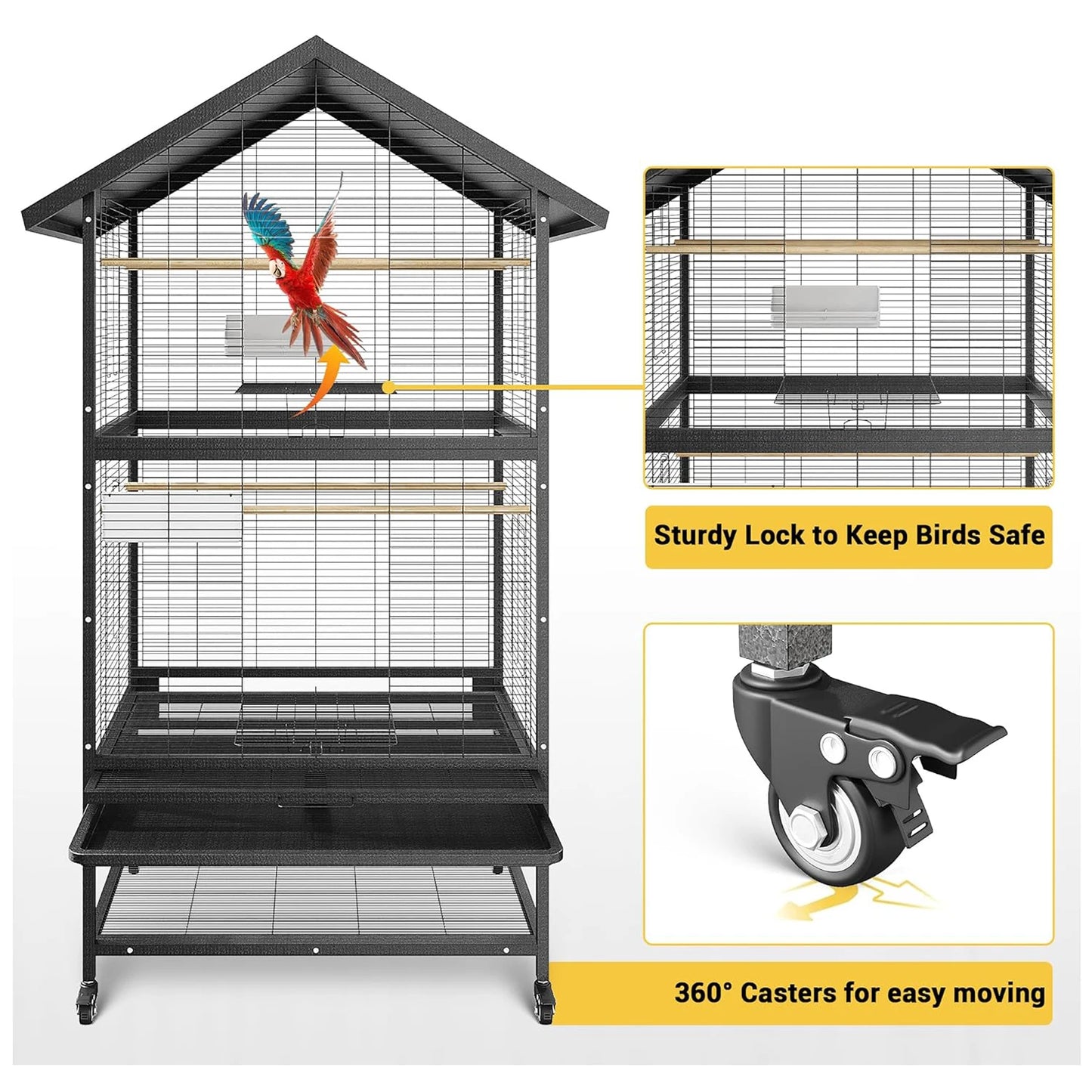 HiMISS Steel Parrot Cage With Casters Removable Tray And Feeders