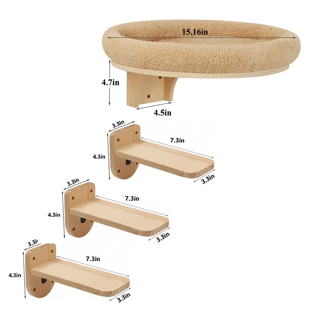 Solid Wooden Wall Mounted Cat Ladder And Hammock With Scratching Post