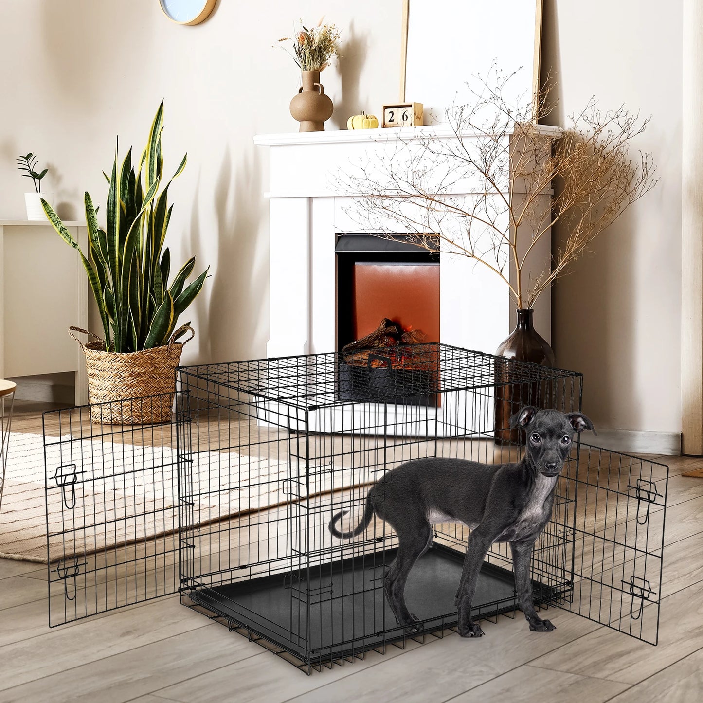 JHK Double Door Folding Wire Dog Cage With Leakproof Pan