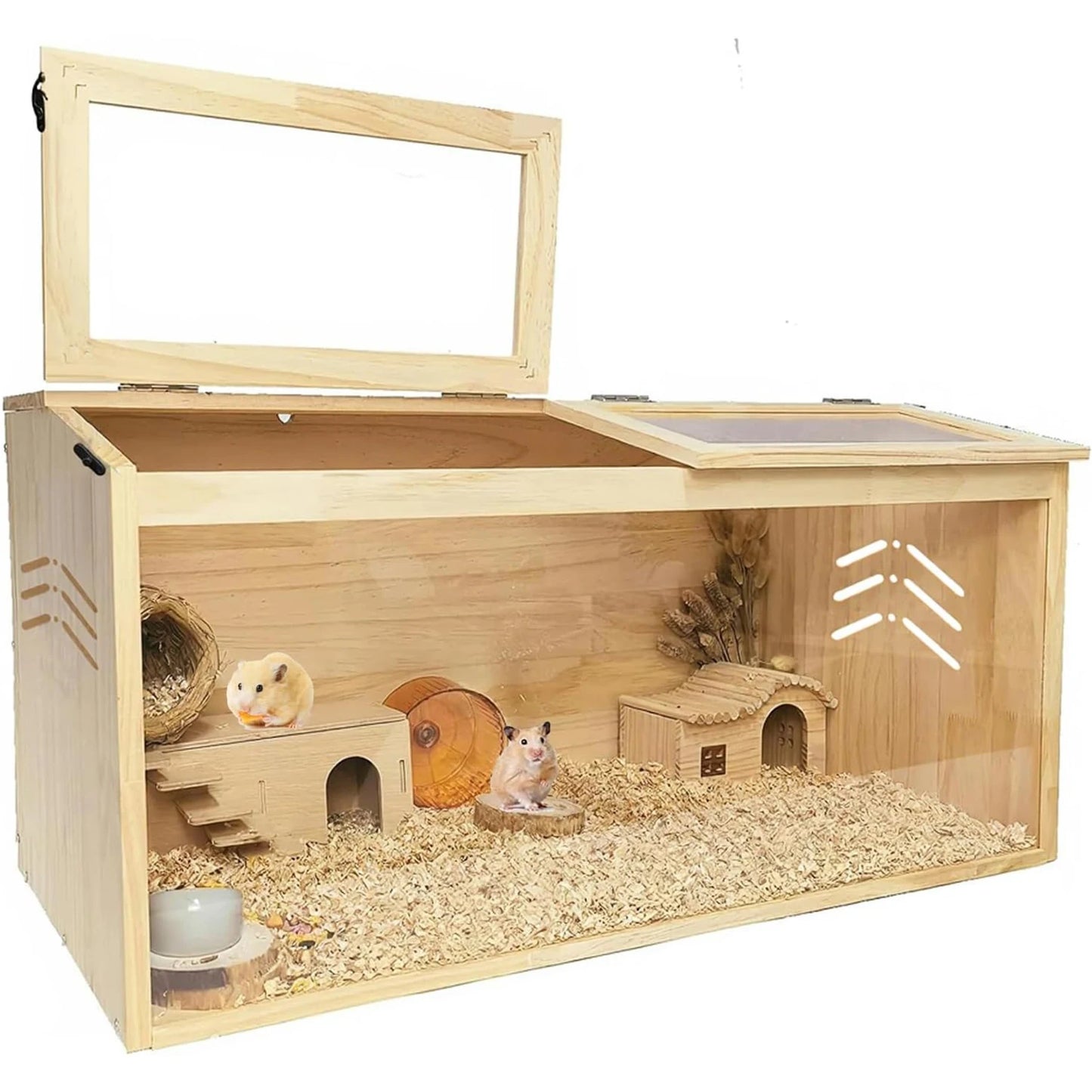 Wooden Small Animals Cage Large Hamster Habitats Enclosure Tank with Lock Acrylic Sheet & Openable Top for Chinchilla Guinea Pig