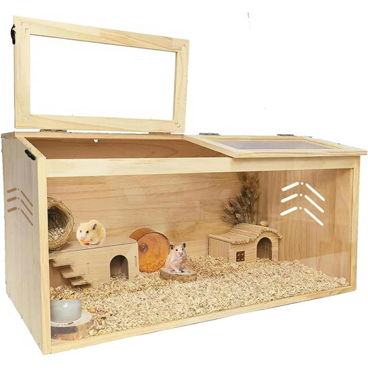 Wooden Small Animals Cage Large Hamster Habitats Enclosure Tank with Lock Acrylic Sheet & Openable Top for Chinchilla Guinea Pig