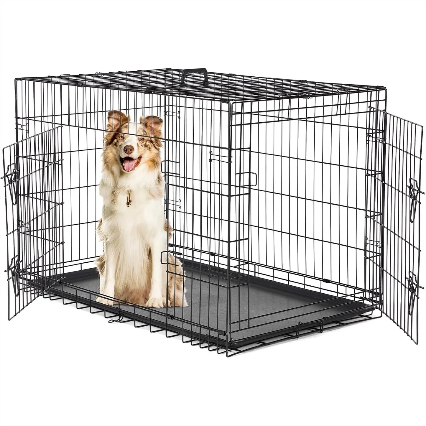 42 Inch Dog Crate for Medium Large Dogs, Double Door Folding Metal Wire Cage with Leak-Proof Tray for Indoor Outdoor Travel