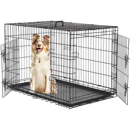 42 Inch Dog Crate for Medium Large Dogs, Double Door Folding Metal Wire Cage with Leak-Proof Tray for Indoor Outdoor Travel