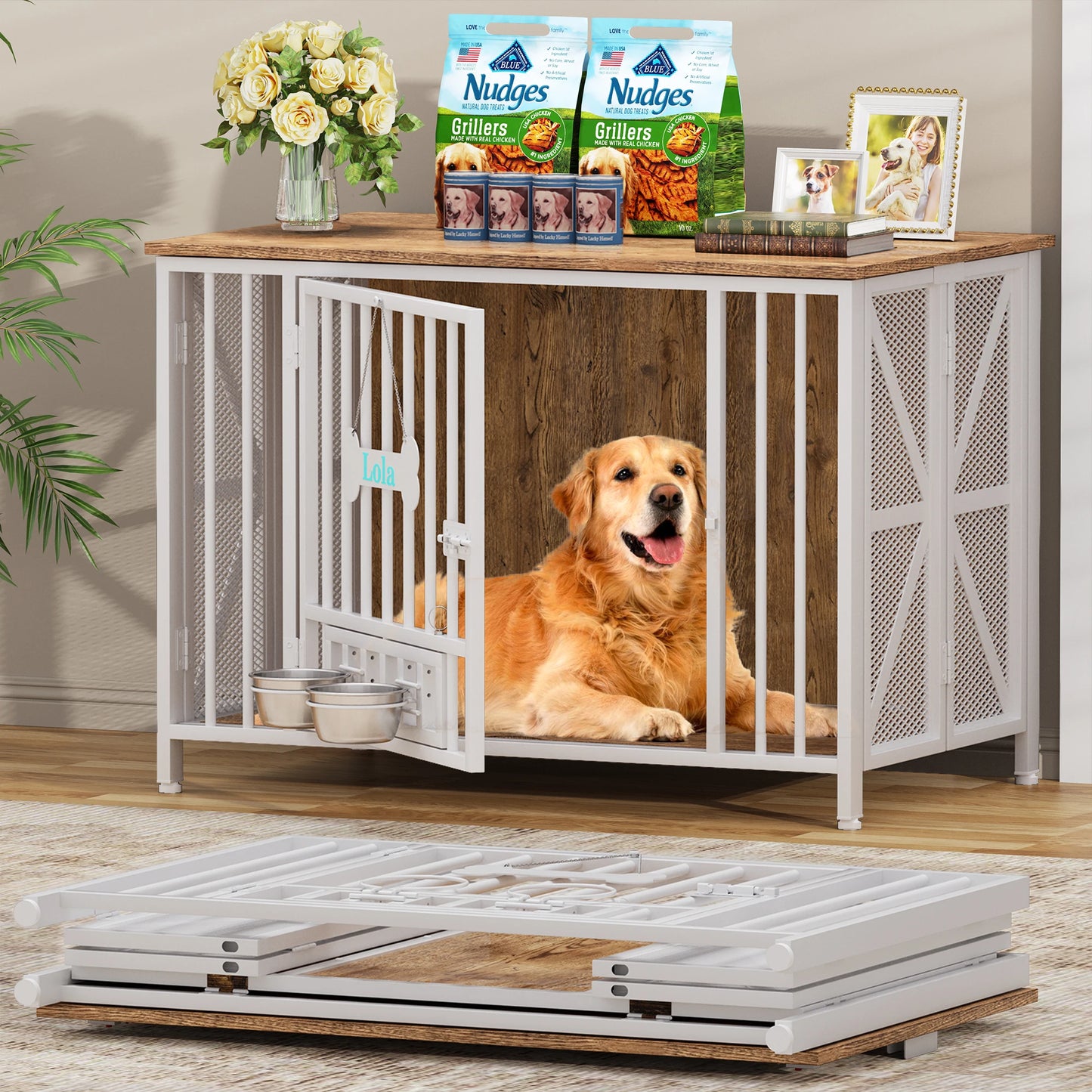 Foldable Large Dog Crate Furniture Wooden Kennel Indoor