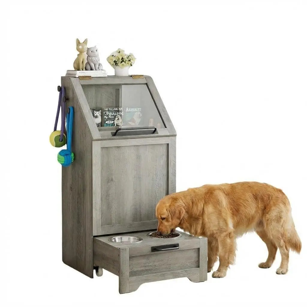 HiMISS Dog Food Station With Storage Raised Bowls And Hanger