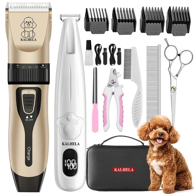 Dog Clippers for Grooming, Pet Hair Trimmer for Cats Dogs, Rechargeable Low Noise Pet Grooming Kit with Nail Clippers, Scissors, Comb