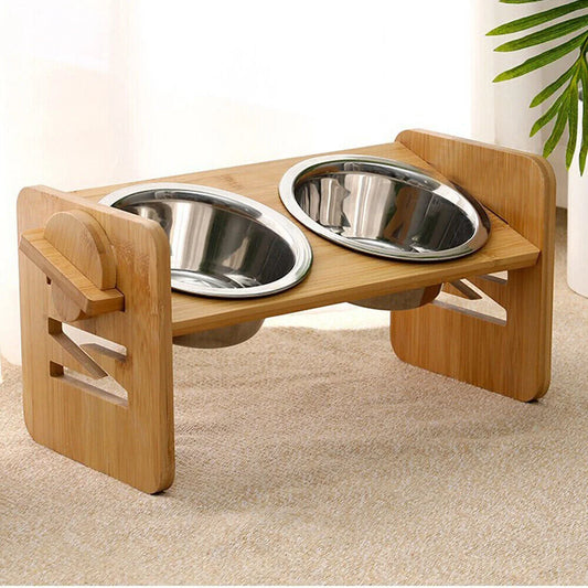 Adjustable Bamboo Raised Dog Feeding Stand With Stainless Steel Bowls