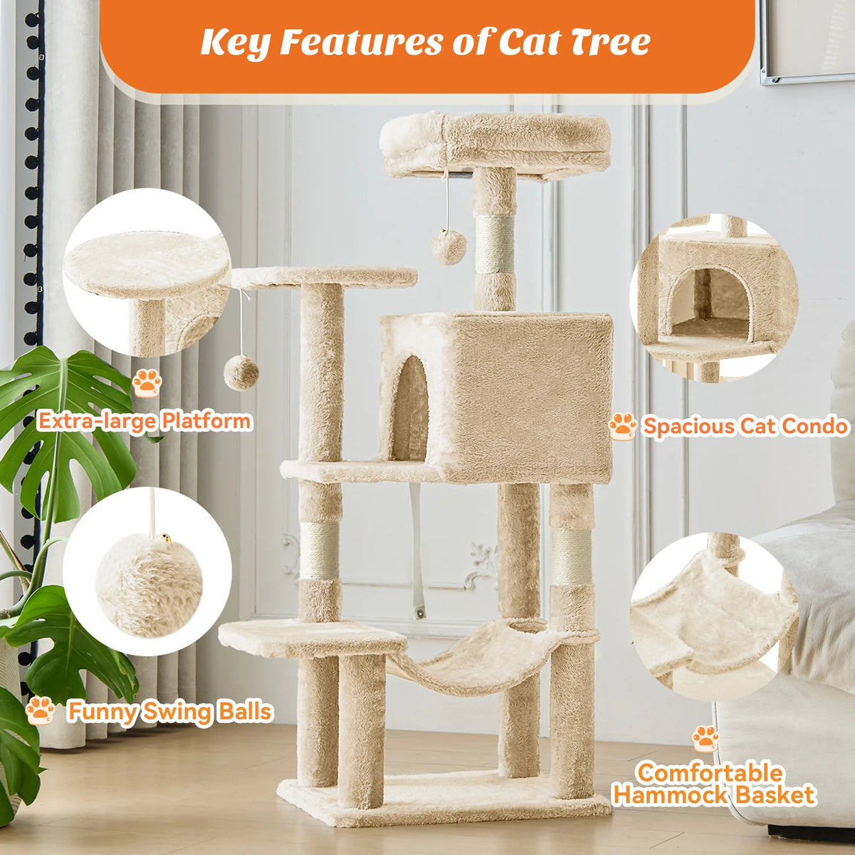MCQ 44IN Cat Tree Tower Cat Climbing Tower with Natural Sisal Scratching Posts Pet Condo for Indoor Cats and Kittens Play