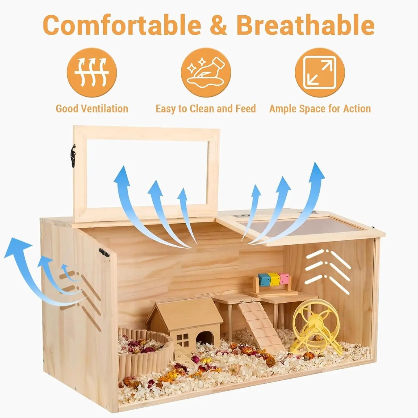 Wooden Small Animals Cage Large Hamster Habitats Enclosure Tank with Lock Acrylic Sheet & Openable Top for Chinchilla Guinea Pig