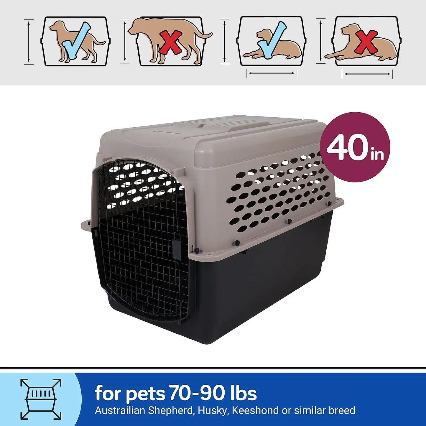 Petmate Vari Dog Kennel for Large Dogs 70-90 lbs, Airline-Friendly Plastic Crate with Wire Door, 40 Inch Taupe Black