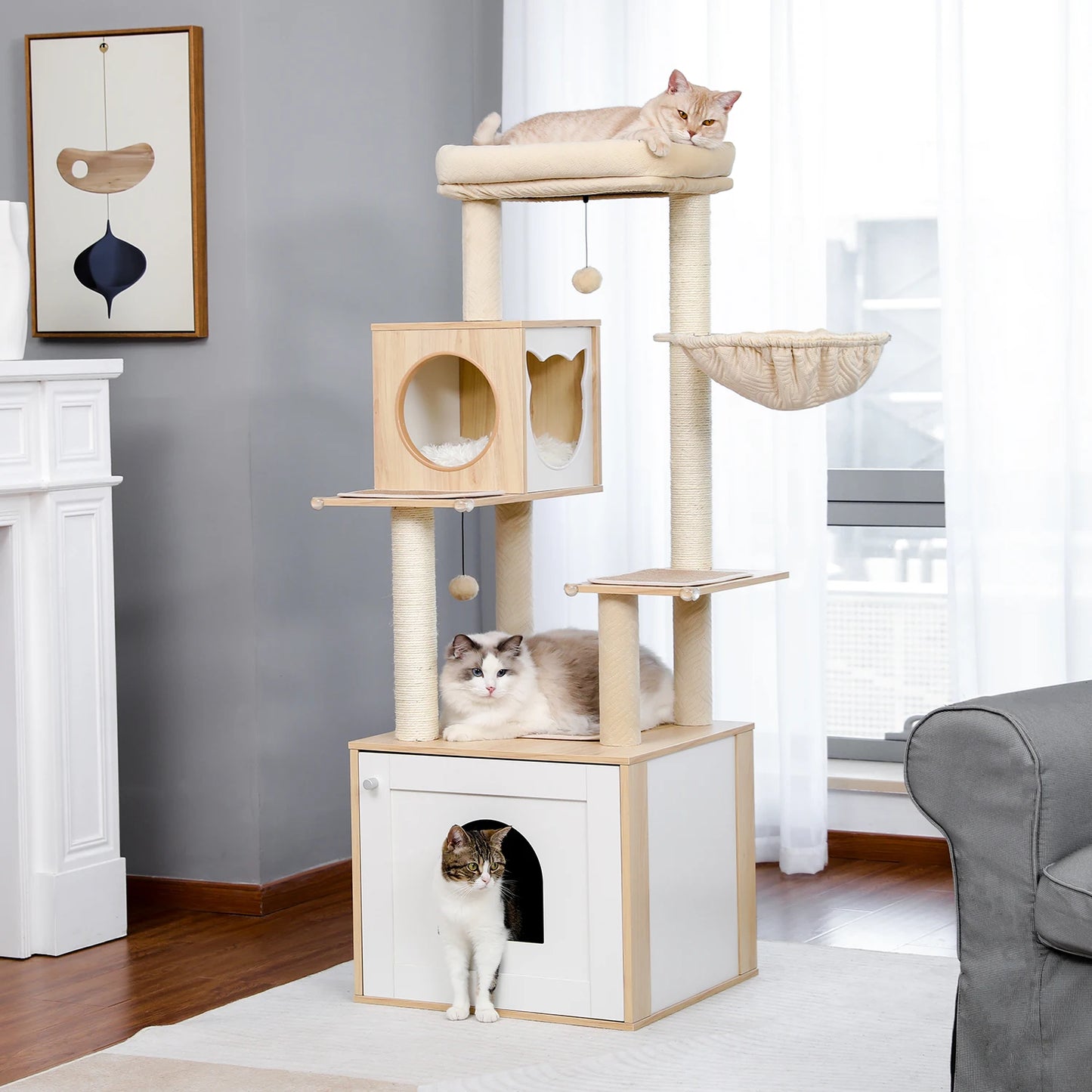 PAWZ Road Cat Tree With Litter Box Enclosure, Large Wood Tower, Storage Cabinet