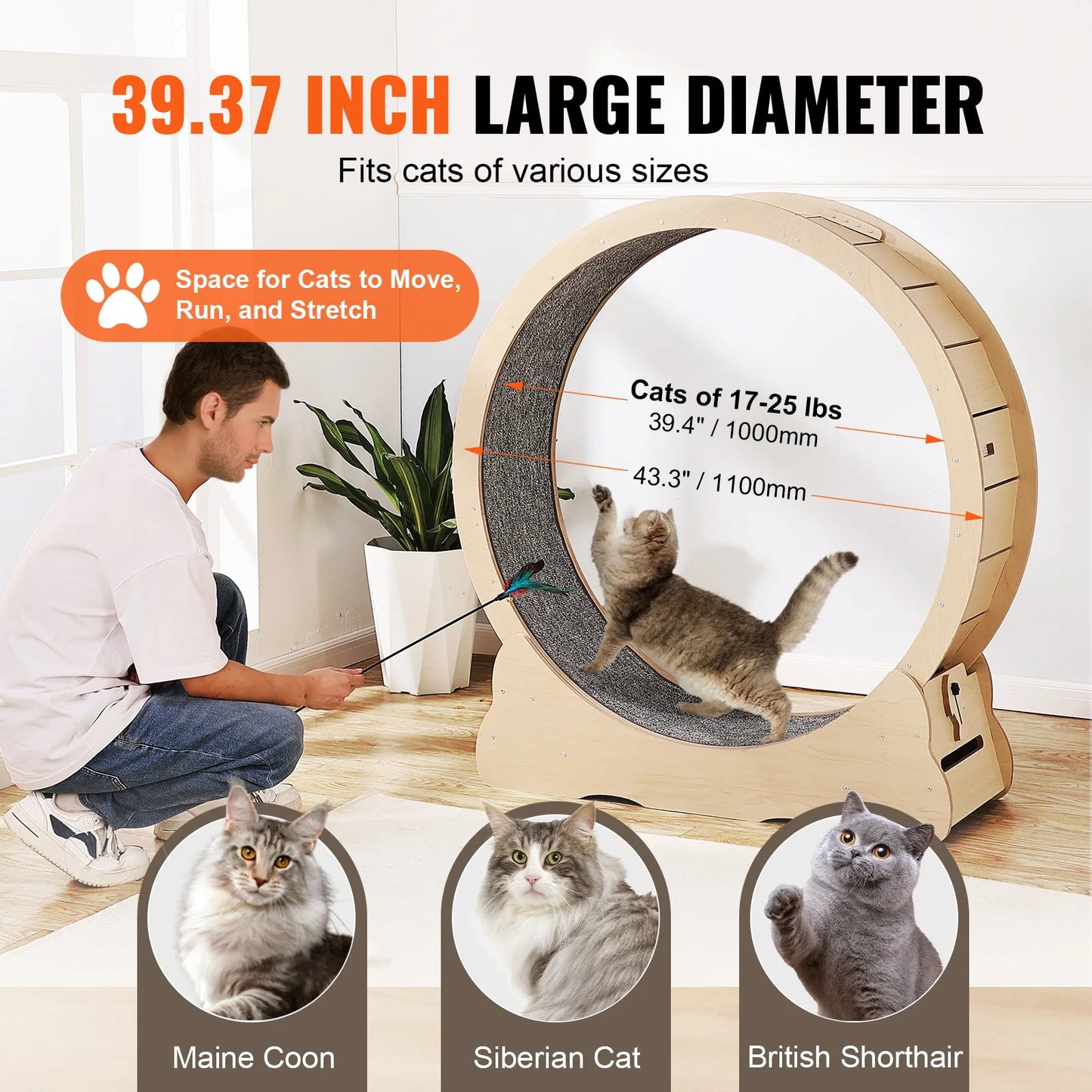 SucceBuy Wooden Cat Exercise Wheel Indoor Running Wheel With Detachable Carpet