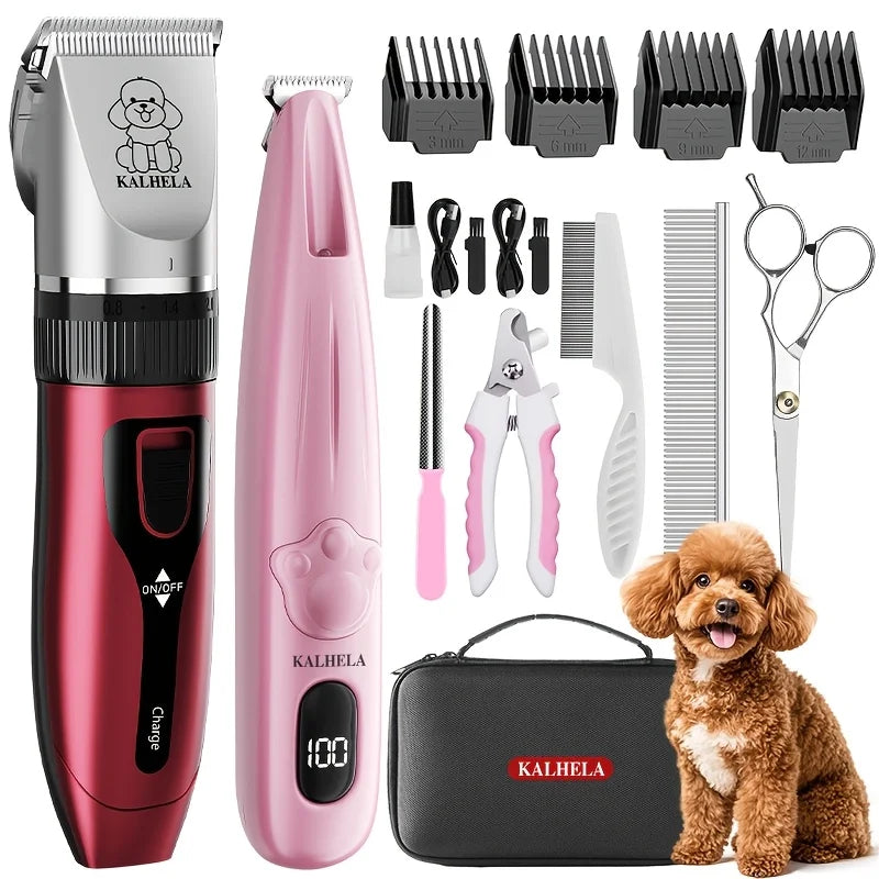 Dog Clippers for Grooming, Pet Hair Trimmer for Cats Dogs, Rechargeable Low Noise Pet Grooming Kit with Nail Clippers, Scissors, Comb