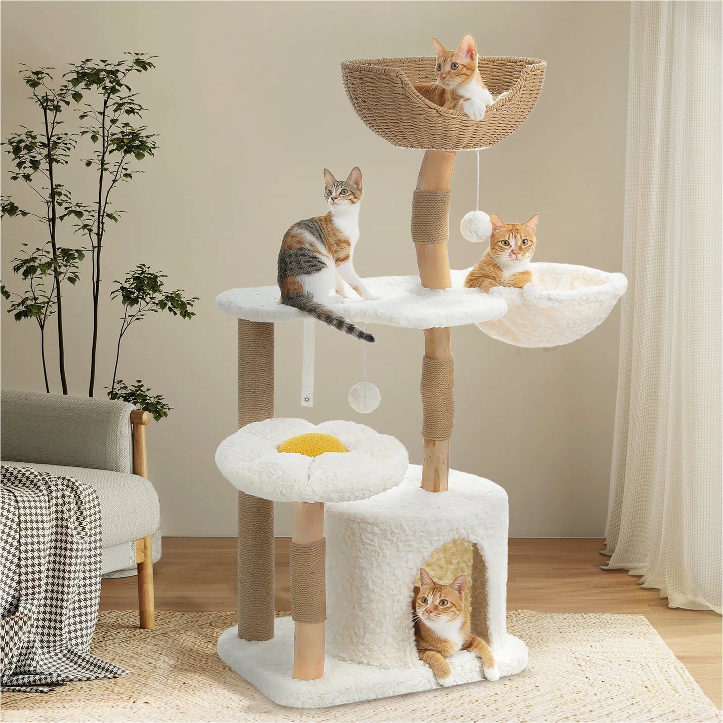PEQULTI Solid Wood Cat Tree With Condo And Perches