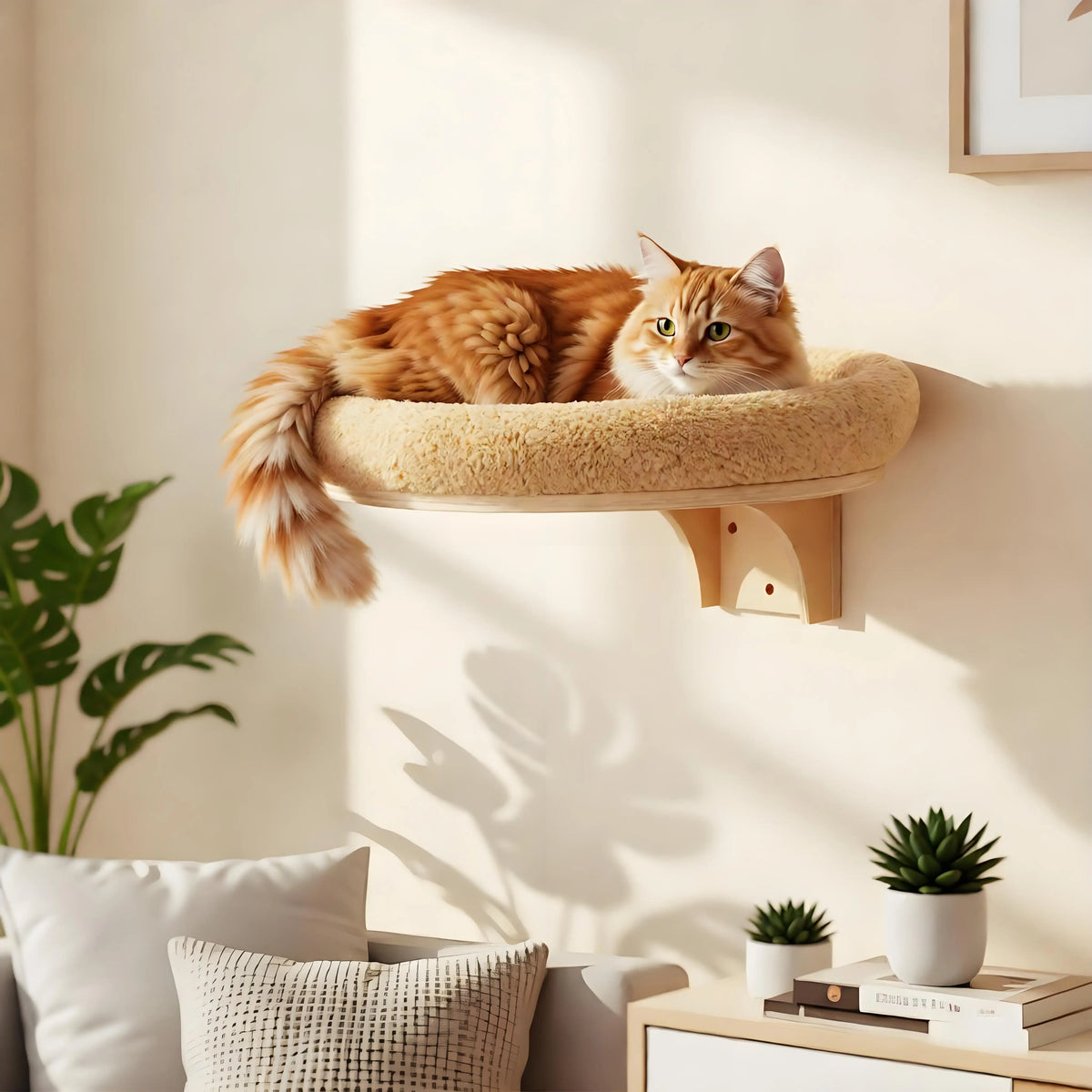 Solid Wooden Wall Mounted Cat Ladder And Hammock With Scratching Post