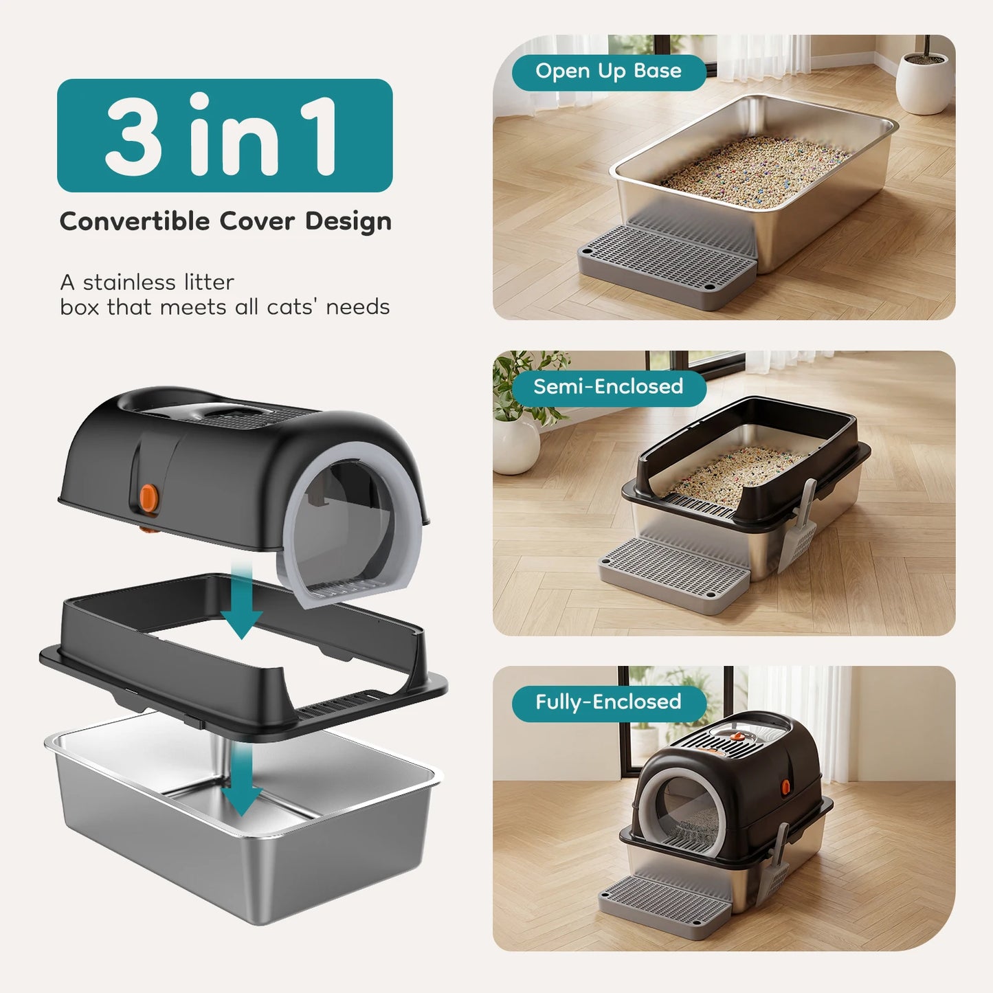 JHK Stainless Steel Cat Litter Box Scoop And Mat Included